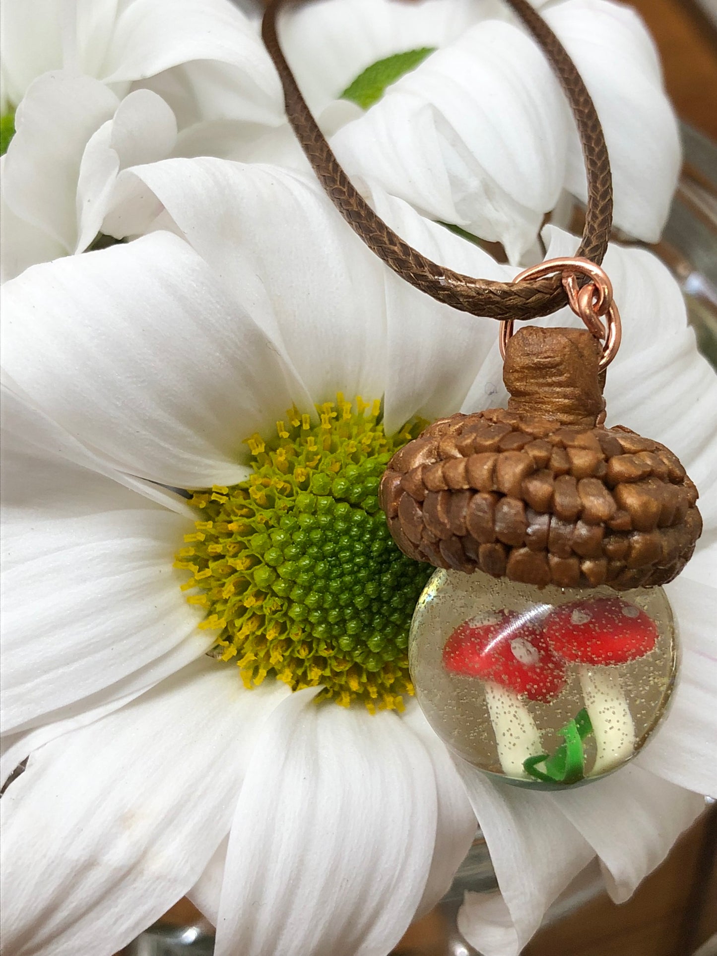 Acorn Necklace, handmade polymer clay acorn cap and tiny mushrooms insAcorn Necklace, handmade polymer clay acorn cap and tiny mushrooms inside crystal clear epoxy resin Pendant on waxed cotton thong necklace with lobster claw fastenernecklacePadpod & BerrieMy Fairytale GiftsAcorn Necklace, handmade polymer clay acorn cap